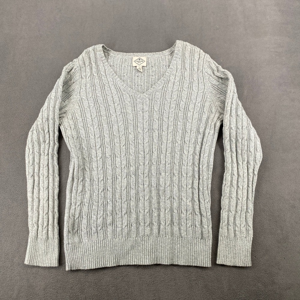 St Johns Bay Womens Gray Cable Knit V-Neck Sweater Size L Y2K Old Money Preppy